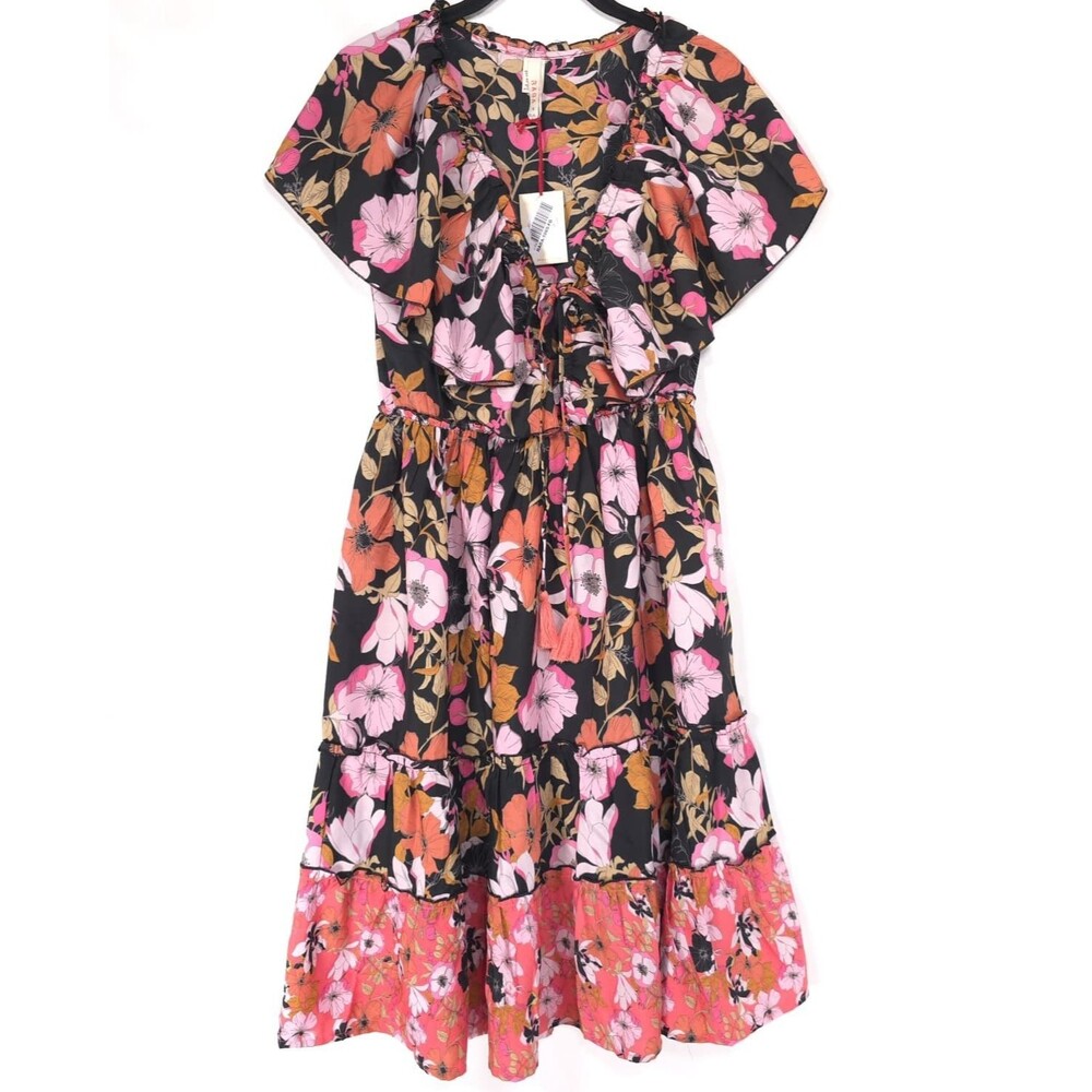 RAGA Women's New Knee Length Dress SMALL Floral Boho Ruffle Black Pink R4508